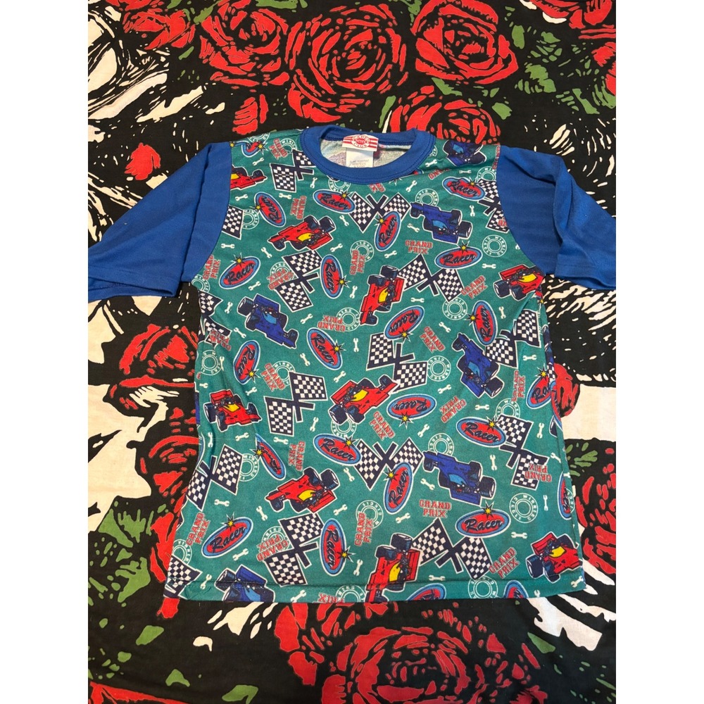 Cadet Boys Club Grand Prix Racing Pajama Top Teal Blue XL 14 Kids Car Print